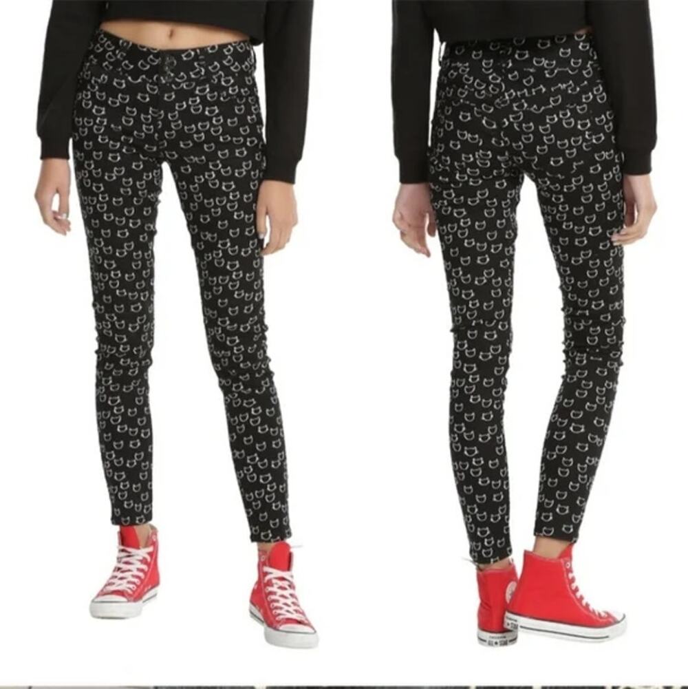 BlackHeart Cat Print Super Skinny Jeans Mid Ankle Cotton Black White 9 32x31